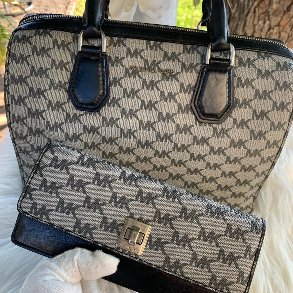 Michael Kors Mercer Monogram Leather Medium Duffle Satchel And Envelop Wallet